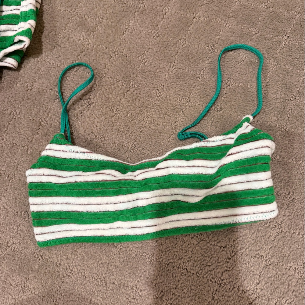 Triangl Swimwear Green and White Striped Bikini Top, bottoms, and shorts